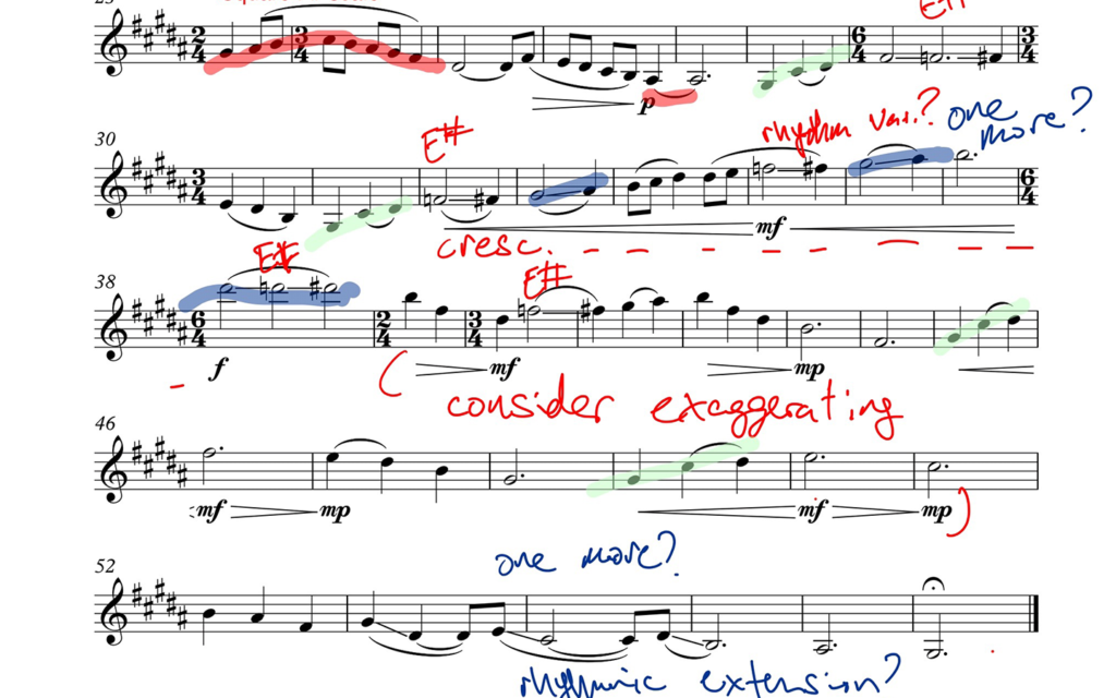 Solo score marked up in a lesson.