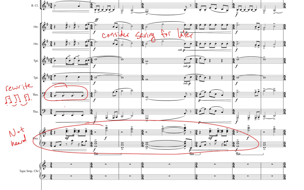 Ensemble score marked up in a lesson.