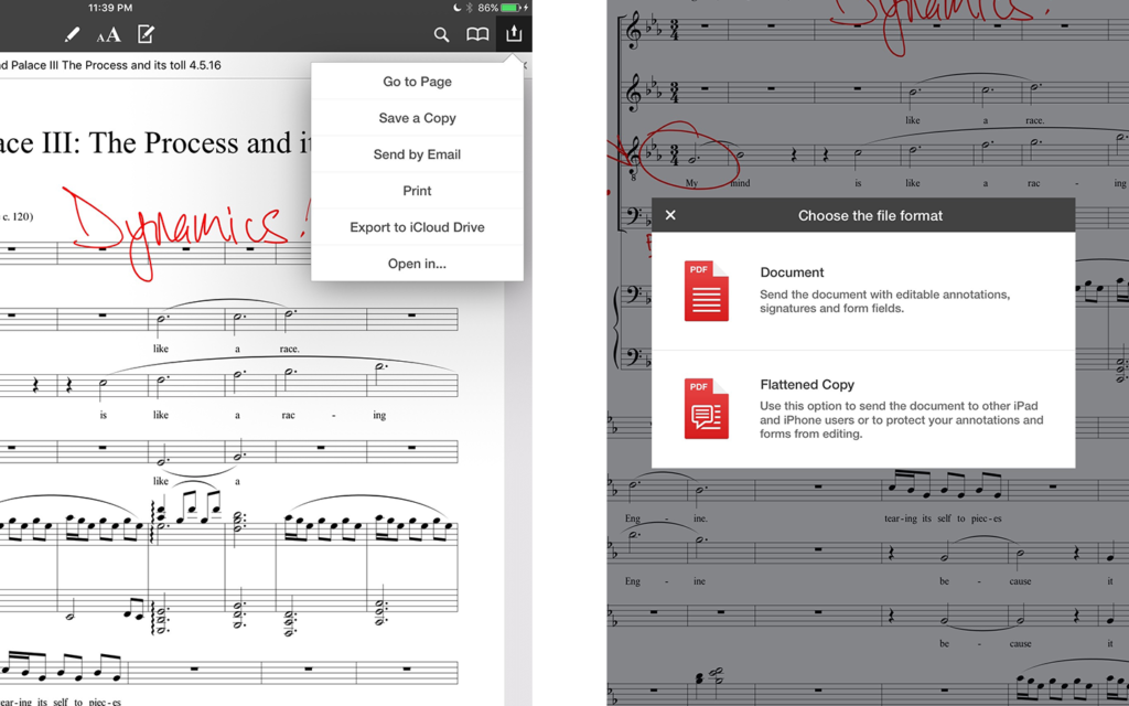 Two taps to export a flattened copy to an email at the end of the lesson.