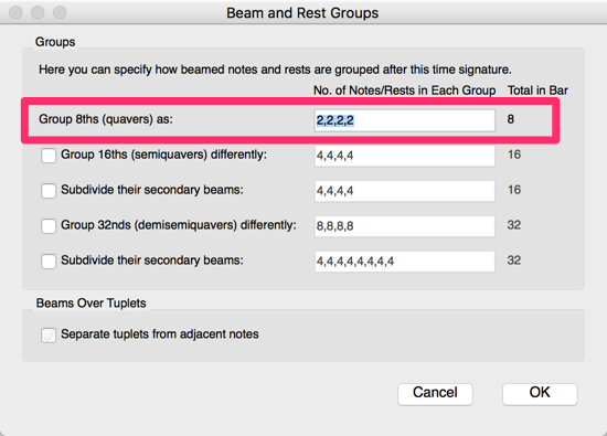 Beam and Rest Groups dialog