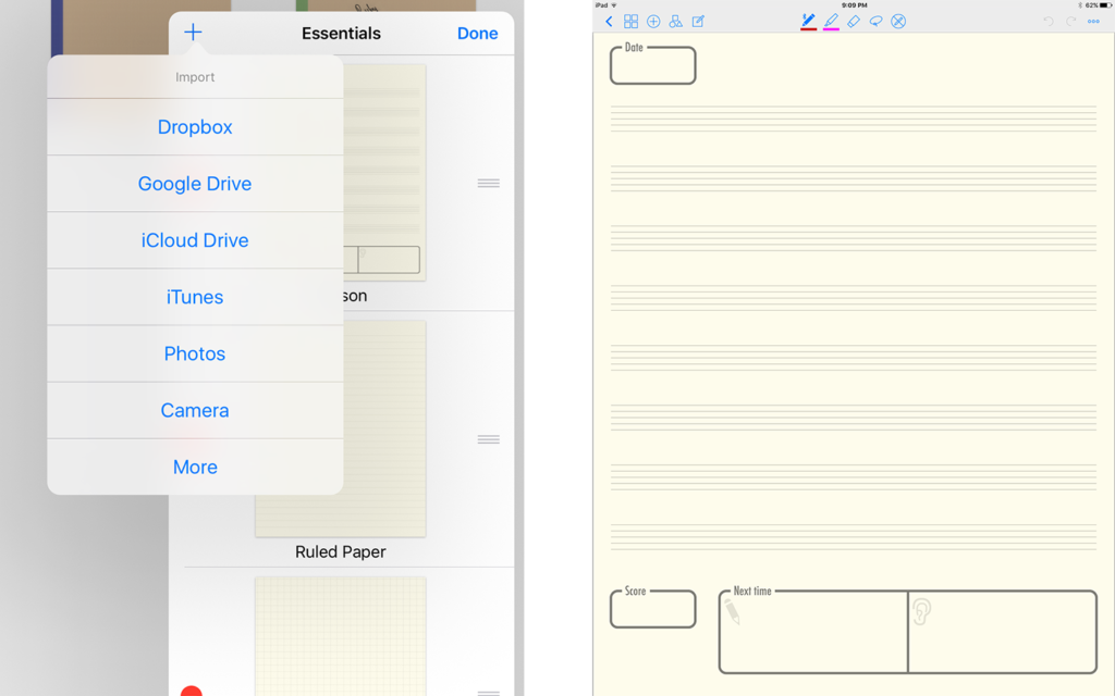 GoodNotes makes it pretty simple to bring in new "papers" or templates to use in my notebooks. Here's the one I use for lessons. 