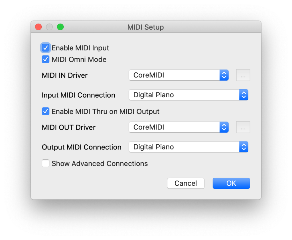 VMPK MIDI Connection Settings